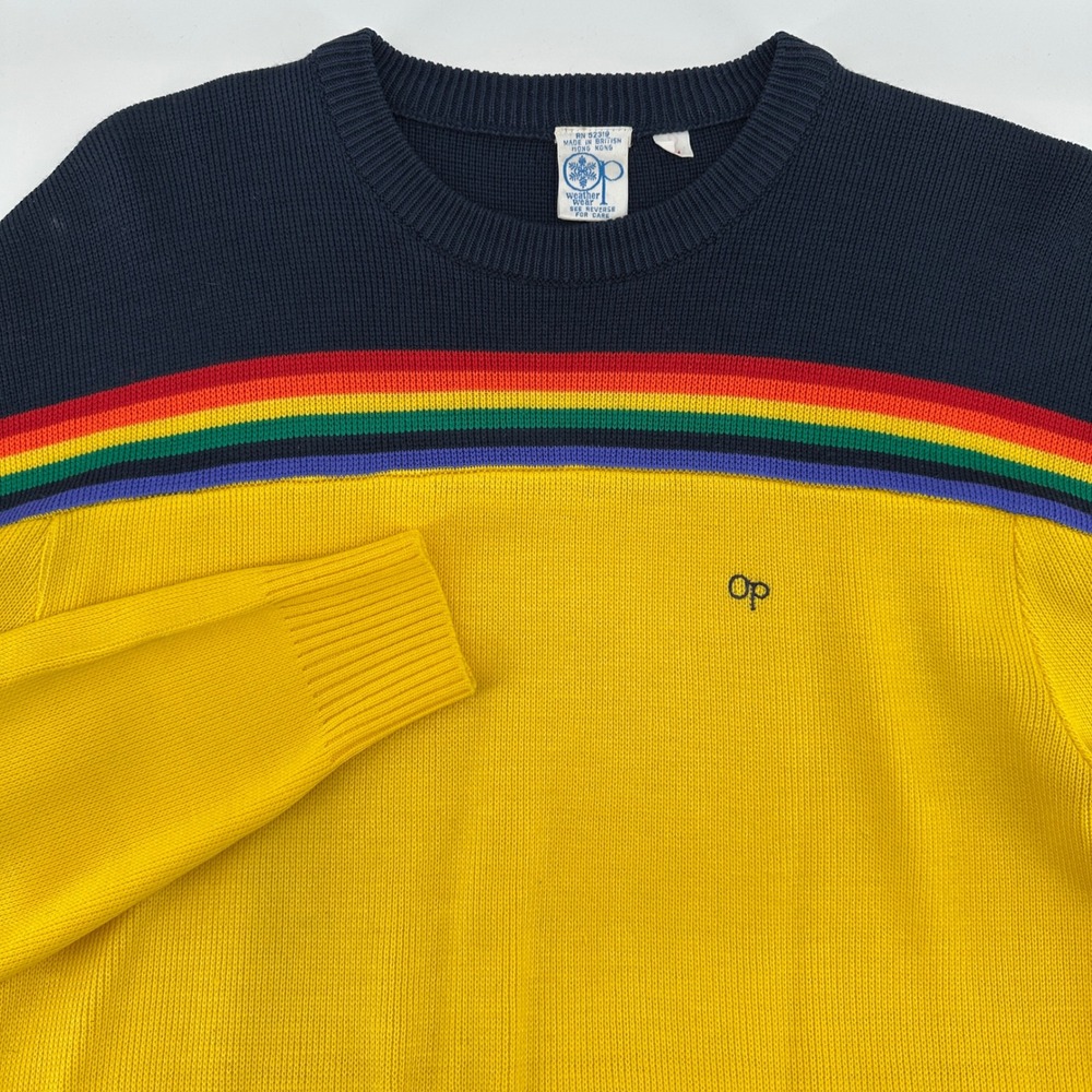 VTG 80s Ocean Pacific Op Rainbow Stripe Sweater Large Stranger Things Surf Retro - Picture 1 of 12